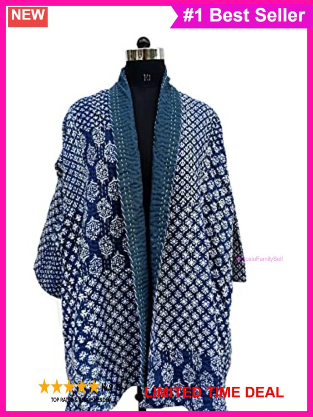 Quilted Kantha Cotton Kimono Jacket 3/4 Sleeve Relaxed Fit